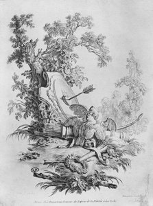 Kaksi kyyhkystä, kuvitus Fontainen satuihin, 1772.